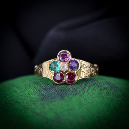 Antique Victorien REGARD Acrostiche Multi Gemstone Cluster 18ct 18K Bague en or jaune | Environ. 1870