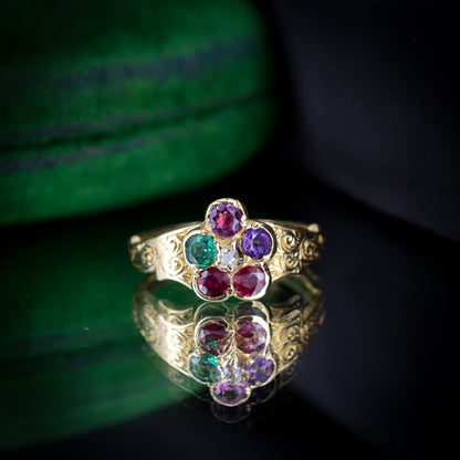 Antique Victorien REGARD Acrostiche Multi Gemstone Cluster 18ct 18K Bague en or jaune | Environ. 1870