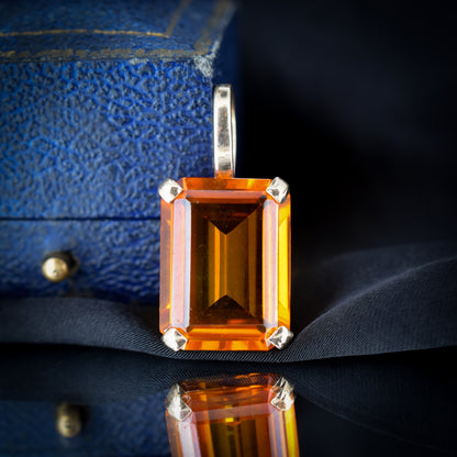 Vintage Synthetic Orange Sapphire 9ct 9K Yellow Gold Emerald Cut Drop Pendant