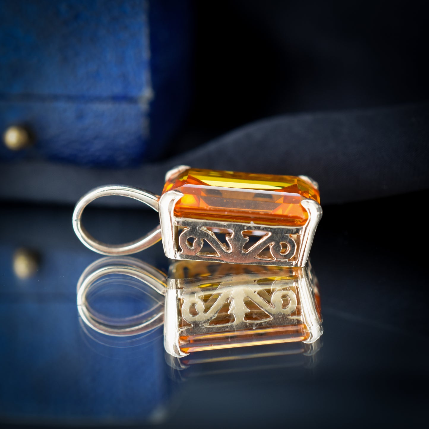 Vintage Synthetic Orange Sapphire 9ct 9K Yellow Gold Emerald Cut Drop Pendant