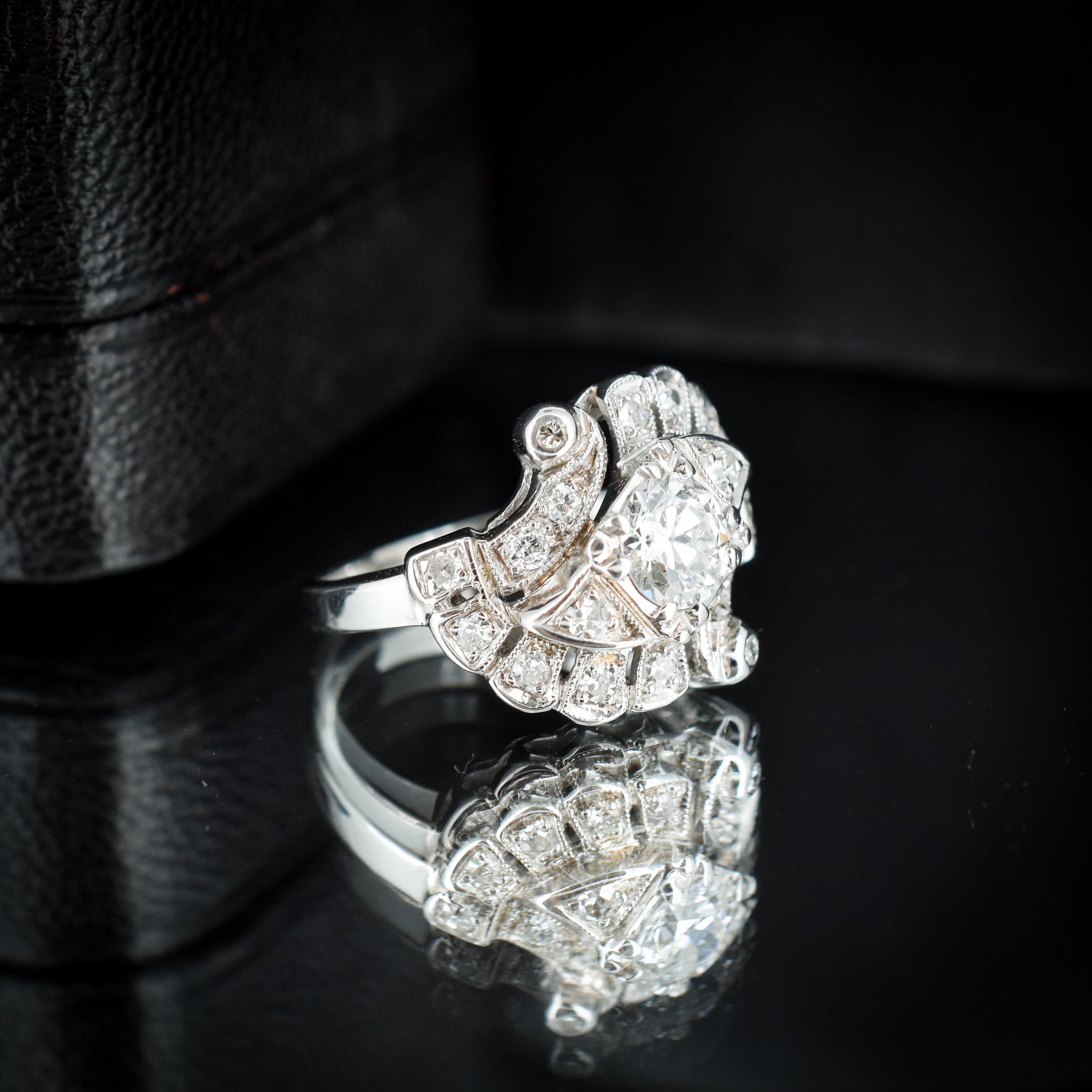 Vintage Old Cut Diamond Fan 14ct White Gold Statement Cocktail Ring Lancastrian Jewellers