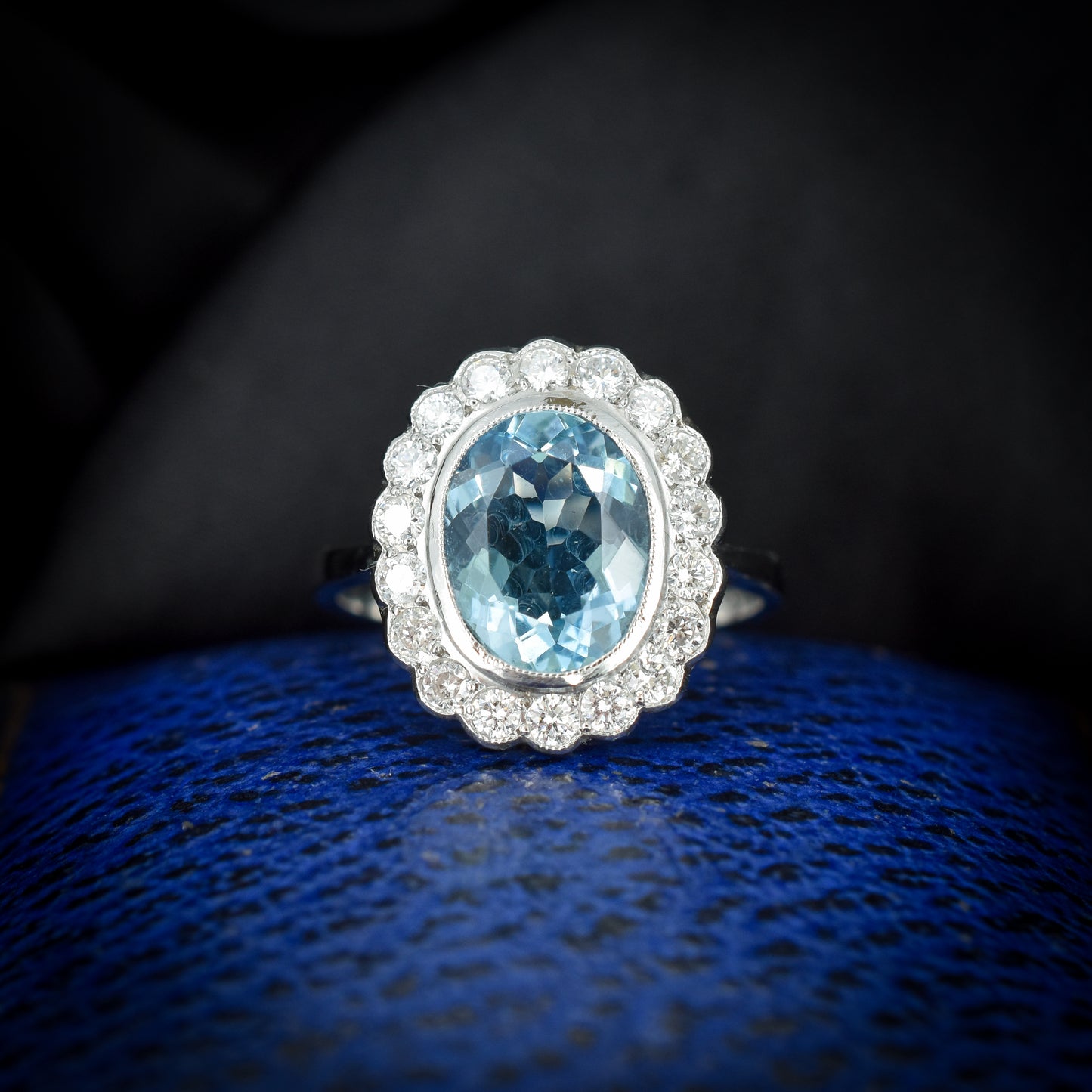 Aquamarine and Diamond Oval Halo Cluster Platinum Gold Ring | Art Deco Style