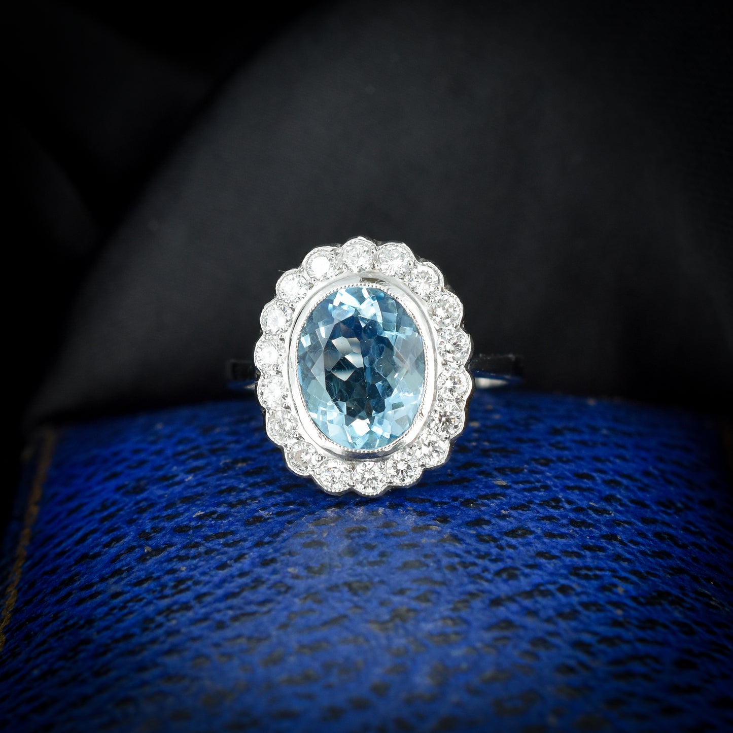 Aquamarine and Diamond Oval Halo Cluster Platinum Gold Ring | Art Deco Style