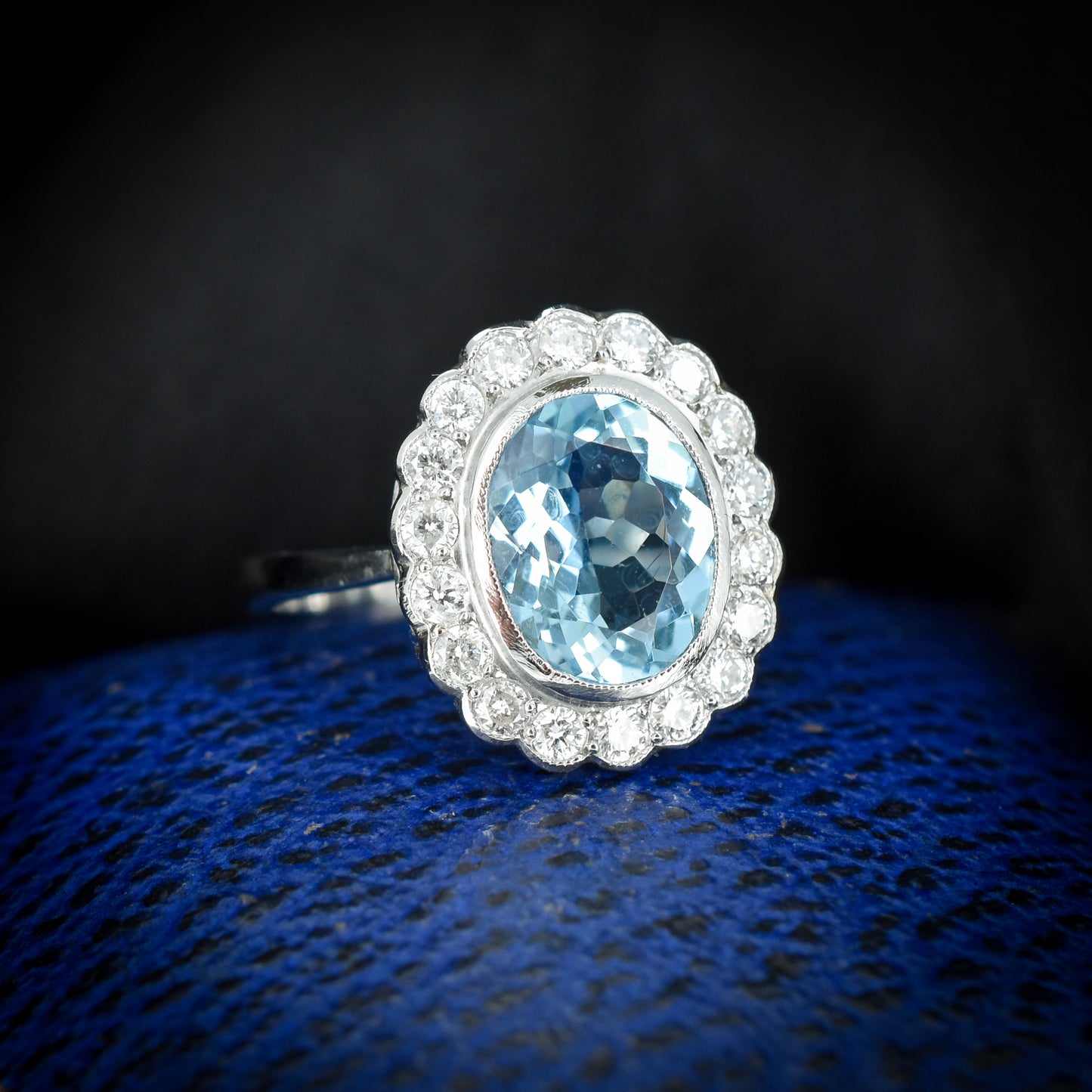 Aquamarine and Diamond Oval Halo Cluster Platinum Gold Ring | Art Deco Style