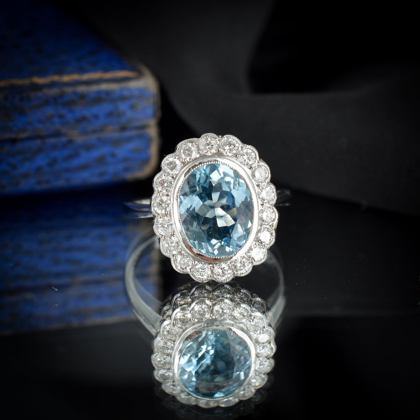 Aquamarine and Diamond Oval Halo Cluster Platinum Gold Ring | Art Deco Style