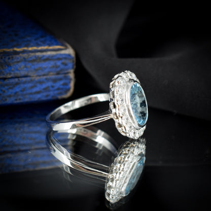 Aquamarine and Diamond Oval Halo Cluster Platinum Gold Ring | Art Deco Style