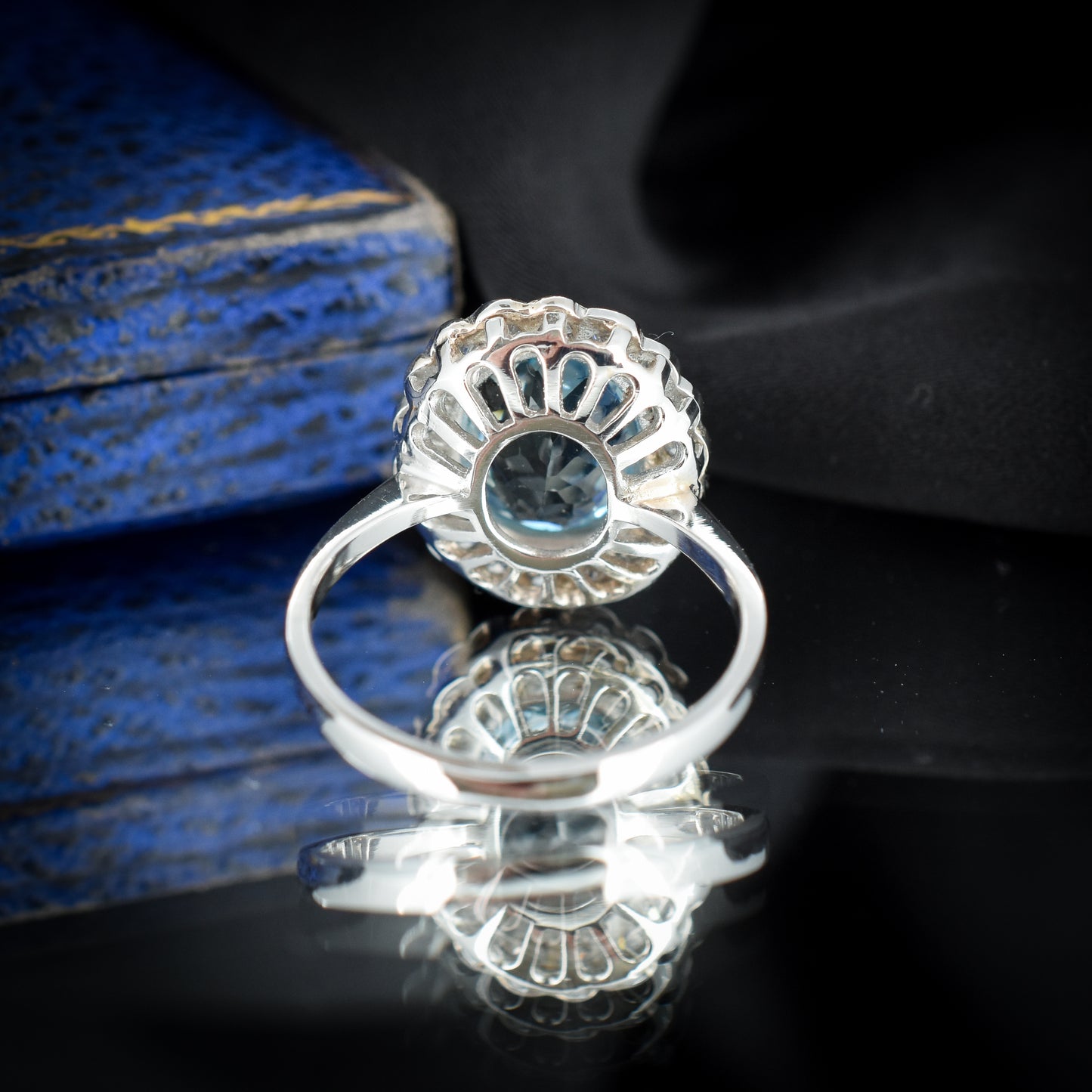 Aquamarine and Diamond Oval Halo Cluster Platinum Gold Ring | Art Deco Style