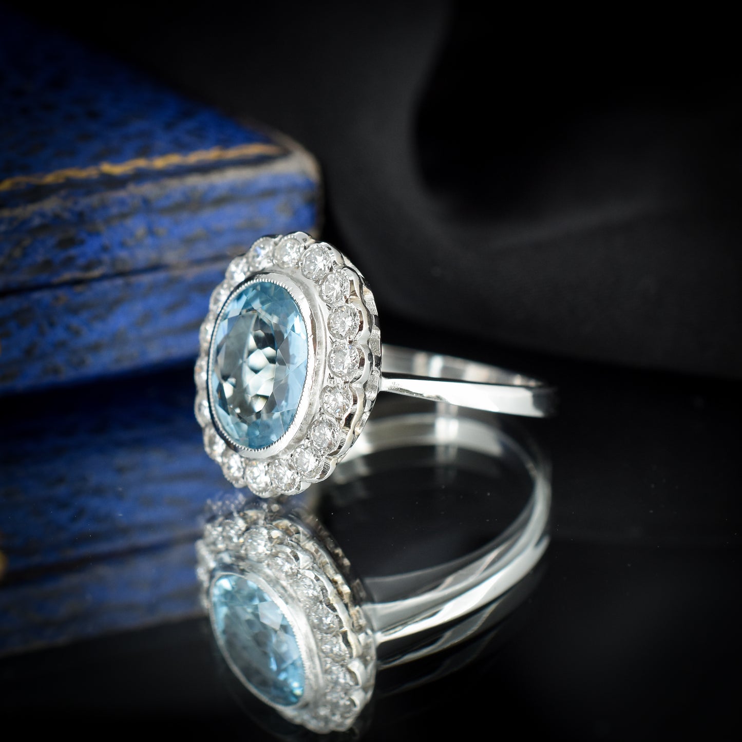 Aquamarine and Diamond Oval Halo Cluster Platinum Gold Ring | Art Deco Style