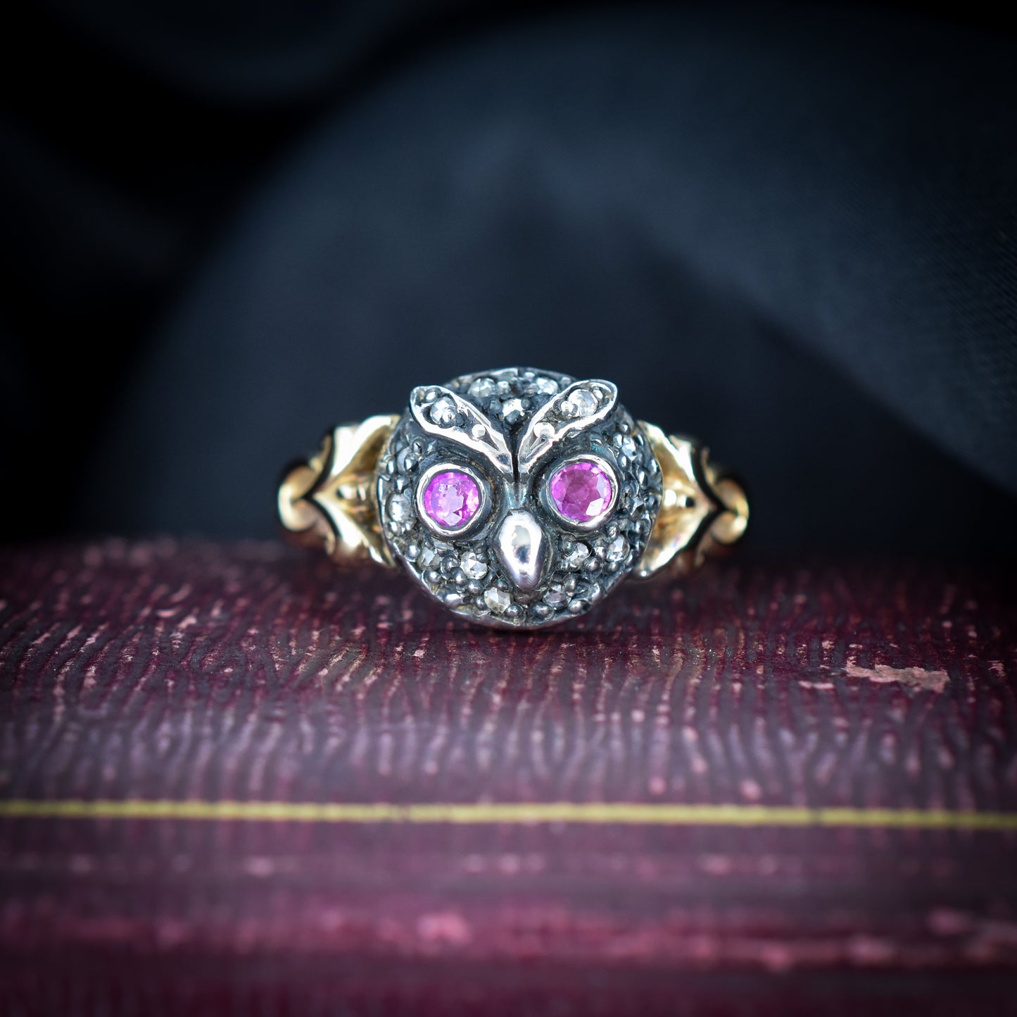 Rose Cut Diamond and Ruby Owl Bird 18ct Yellow Gold and Silver Ring | Antique Style