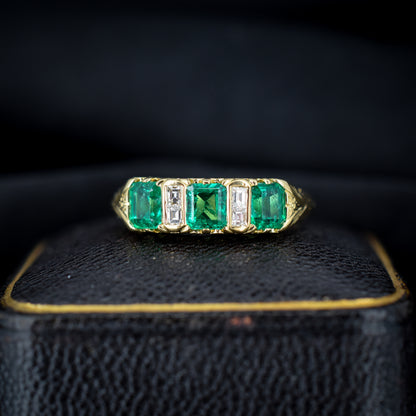 Emerald and Diamond 18ct Yellow Gold Three Stone Scroll Ring