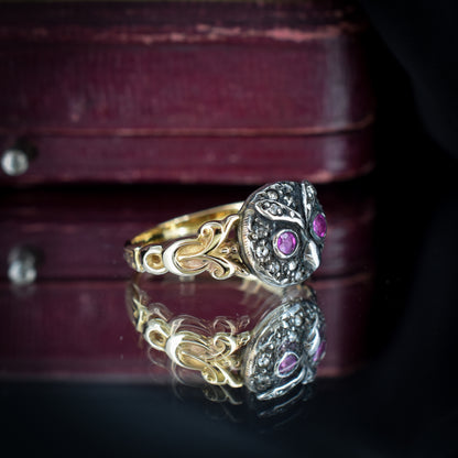 Rose Cut Diamond and Ruby Owl Bird 18ct Yellow Gold and Silver Ring | Antique Style