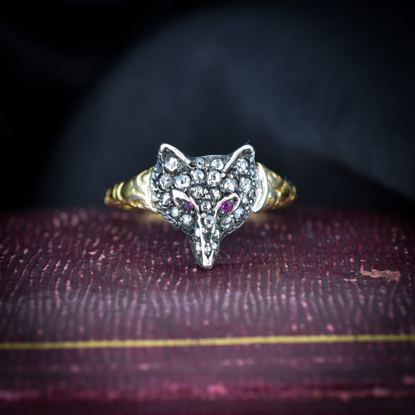 Diamond and Ruby Set Fox Head 18ct Yellow Gold and Silver Ring | Antique Victorian Style