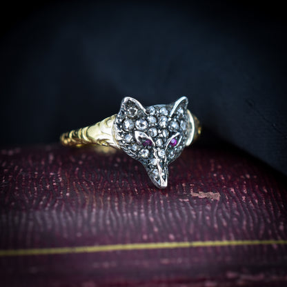 Diamond and Ruby Set Fox Head 18ct Yellow Gold and Silver Ring | Antique Victorian Style