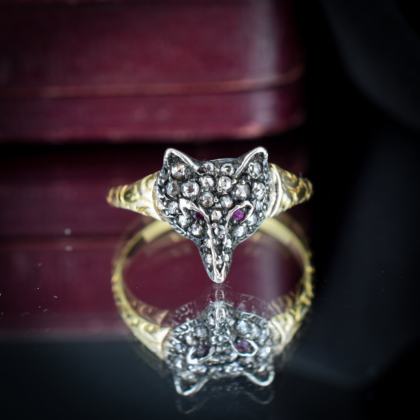 Diamond and Ruby Set Fox Head 18ct Yellow Gold and Silver Ring | Antique Victorian Style