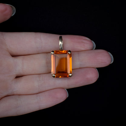 Vintage Synthetic Orange Sapphire 9ct 9K Yellow Gold Emerald Cut Drop Pendant