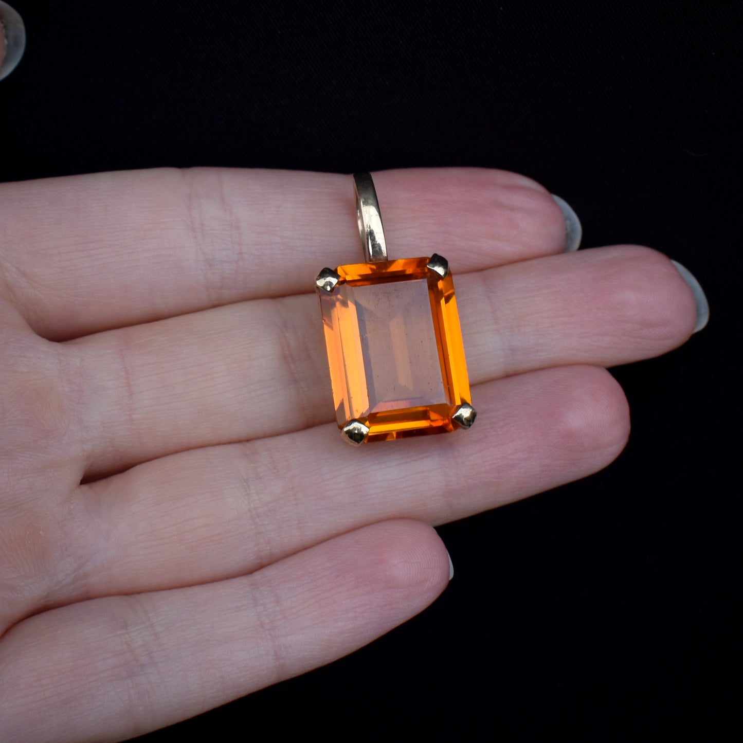 Vintage Synthetic Orange Sapphire 9ct 9K Yellow Gold Emerald Cut Drop Pendant