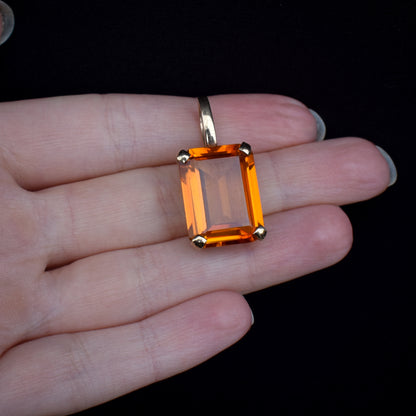 Vintage Synthetic Orange Sapphire 9ct 9K Yellow Gold Emerald Cut Drop Pendant