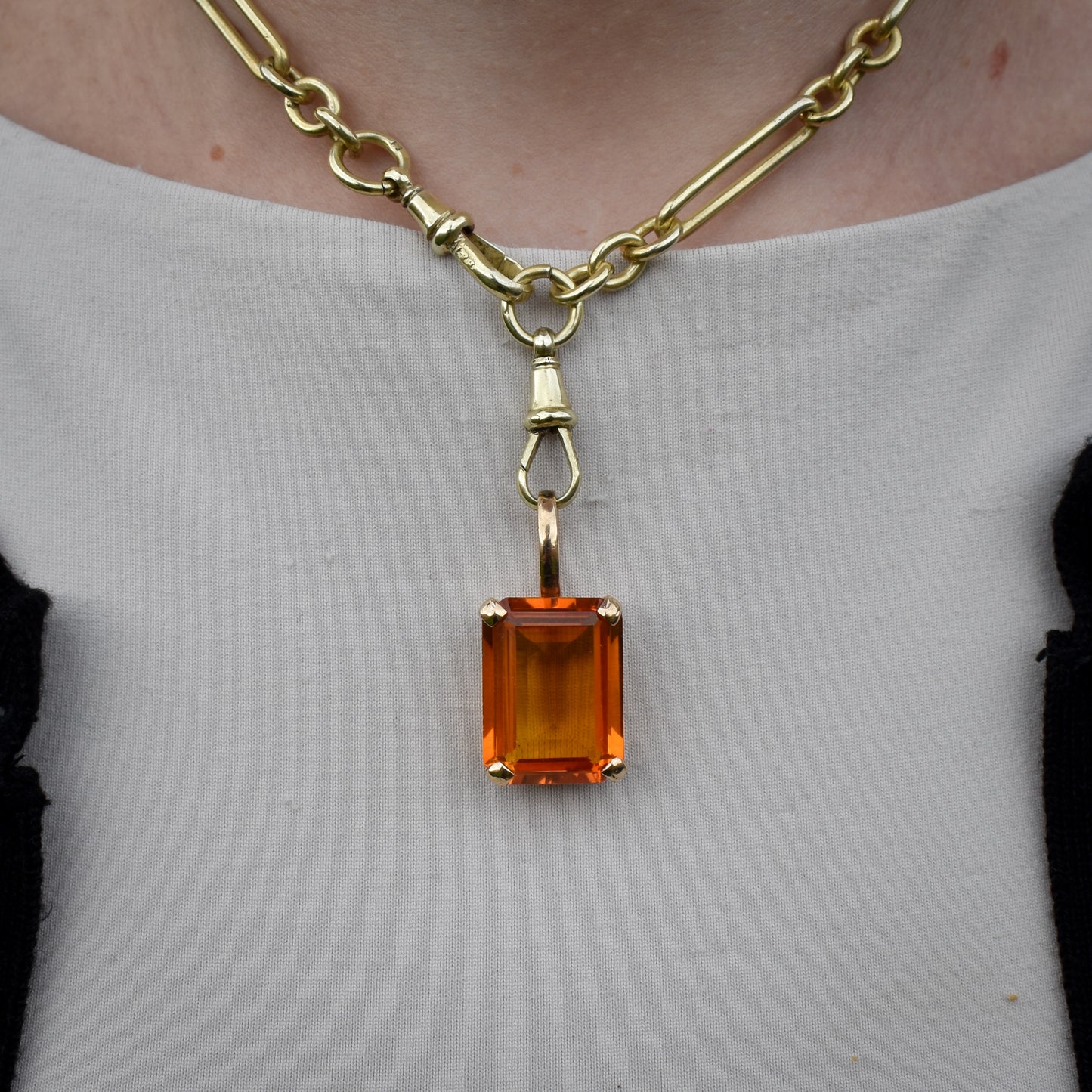 Vintage Synthetic Orange Sapphire 9ct 9K Yellow Gold Emerald Cut Drop Pendant