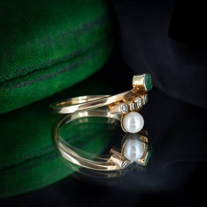 Anillo de oro amarillo de 14 k con perla esmeralda vintage y diamantes de 14 qt