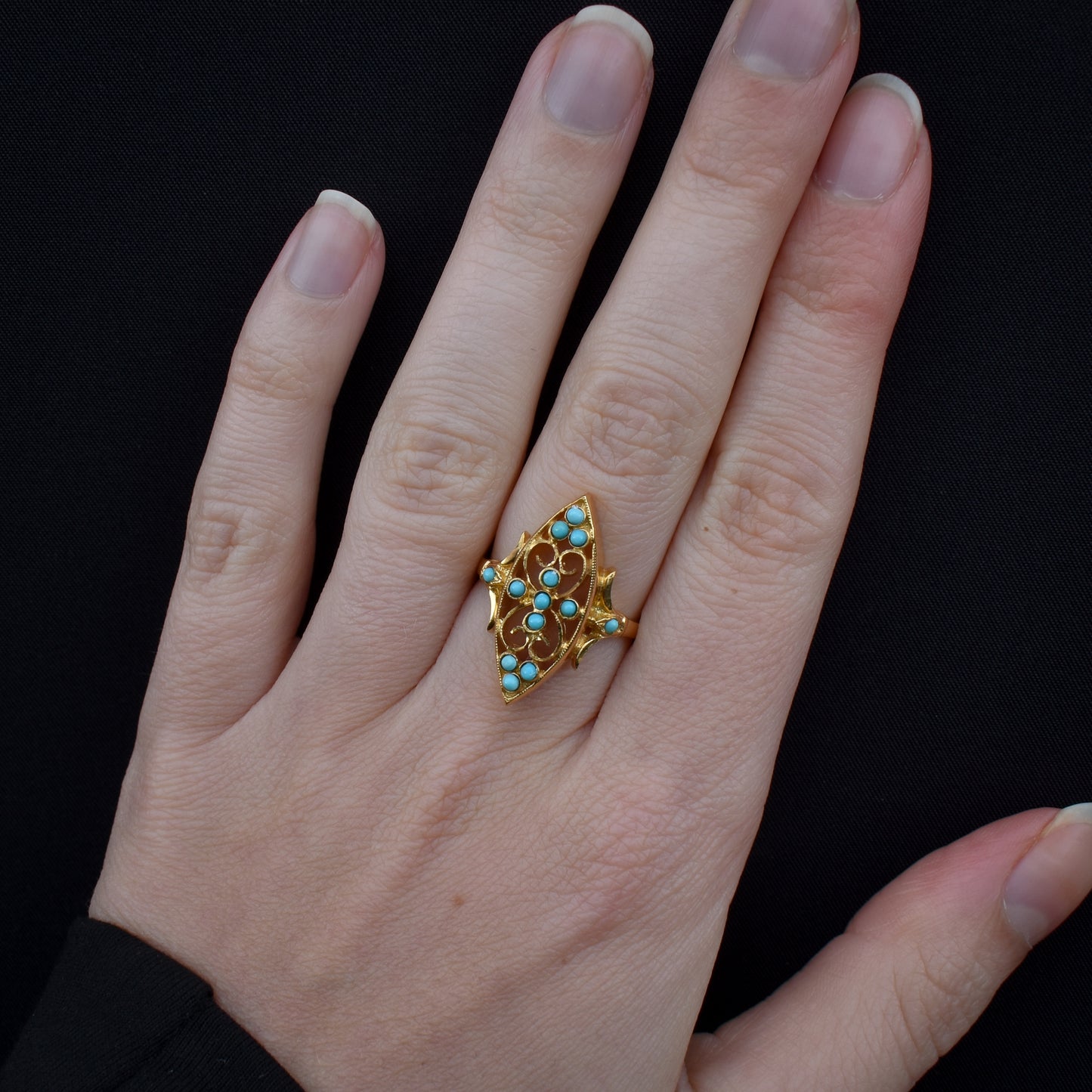 Turquoise Navette 18ct Gold Gilded Fancy Ring | Antique Style