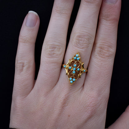 Turquoise Navette 18ct Gold Gilded Fancy Ring | Antique Style