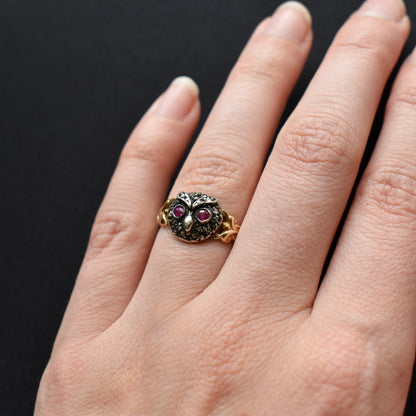 Rose Cut Diamond and Ruby Owl Bird 18ct Yellow Gold and Silver Ring | Antique Style