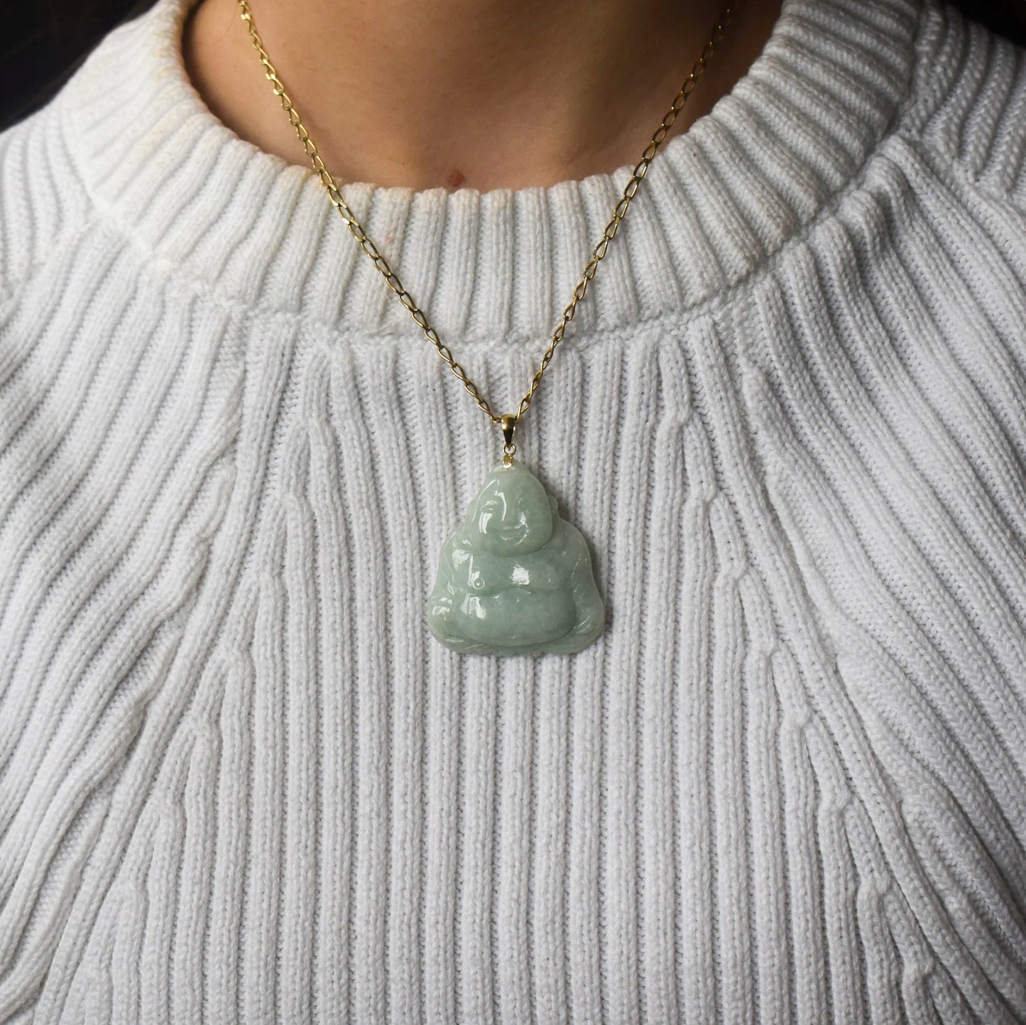 Vintage Green Jade Jadeite Buddha 14ct 14K Yellow Gold Drop Pendant