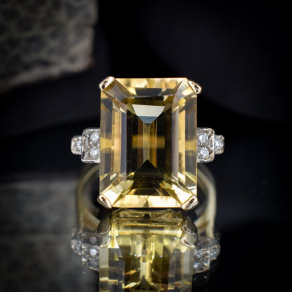 Emerald Cut Citrine and Diamond 9ct Yellow Gold Statement Cocktail Ring | Art Deco Style