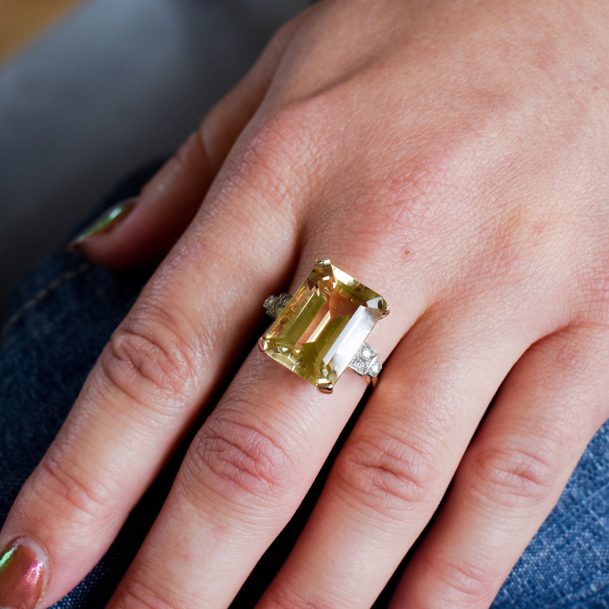 Emerald Cut Citrine and Diamond 9ct Yellow Gold Statement Cocktail Ring | Art Deco Style
