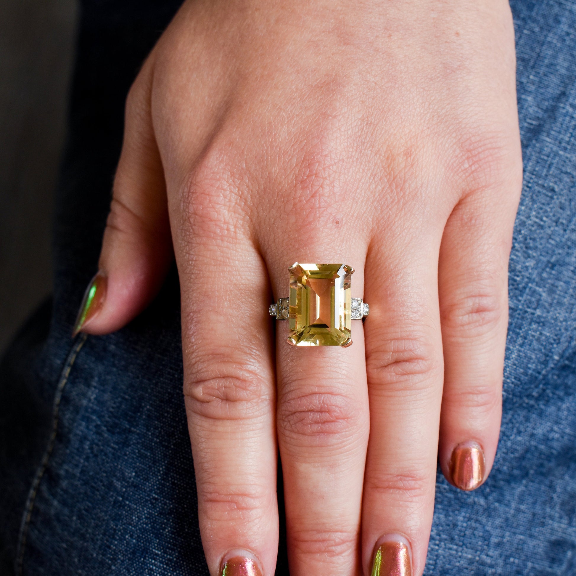 Emerald Cut Citrine and Diamond 9ct Yellow Gold Statement Cocktail Ring | Art Deco Style