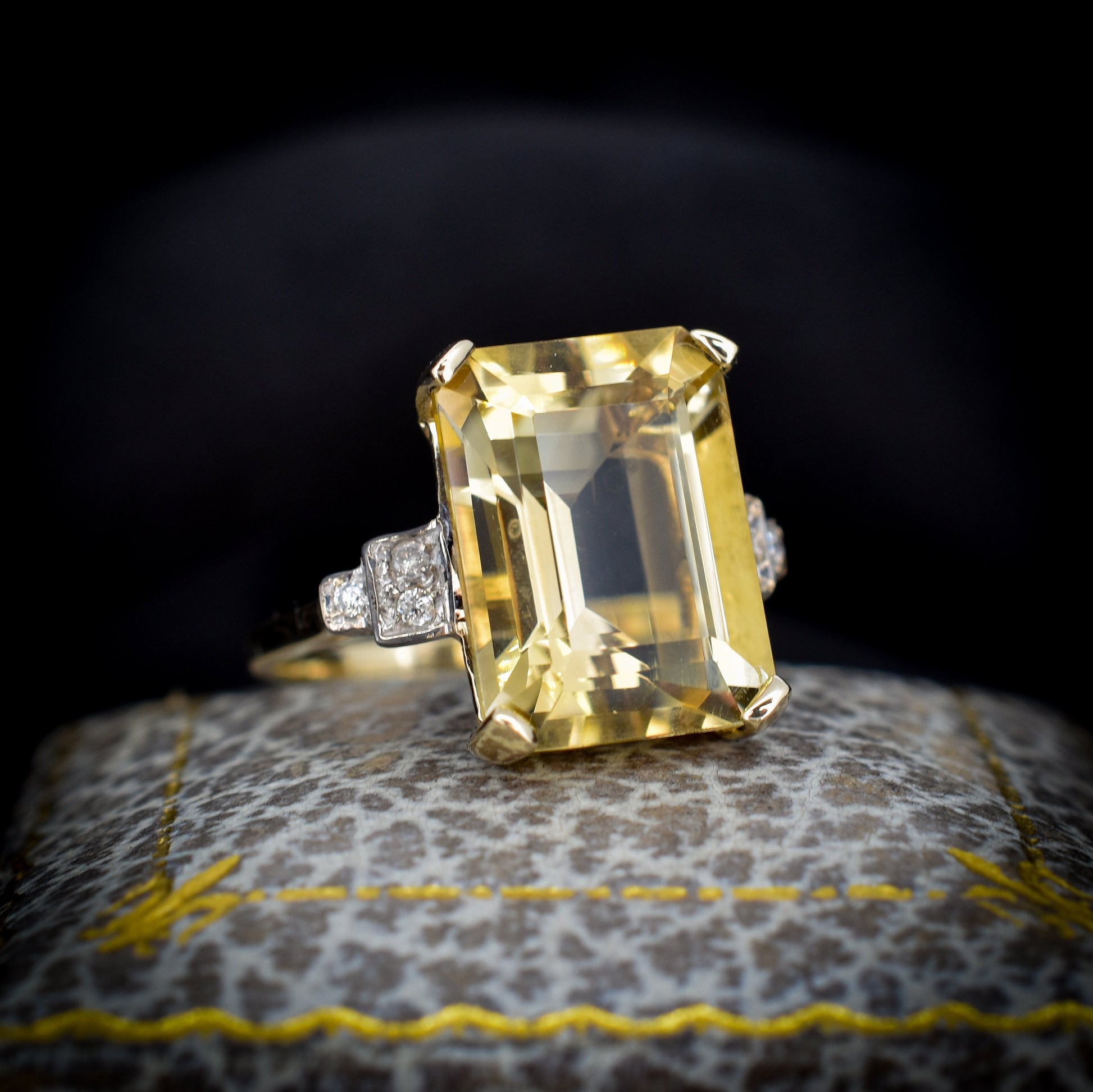 Emerald Cut Citrine and Diamond 9ct Yellow Gold Statement Cocktail Ring | Art Deco Style