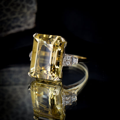 Emerald Cut Citrine and Diamond 9ct Yellow Gold Statement Cocktail Ring | Art Deco Style