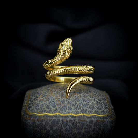 Coiled Snake Serpent 18ct 18K Yellow Gold on Silver Ring | Antique Victorian Style