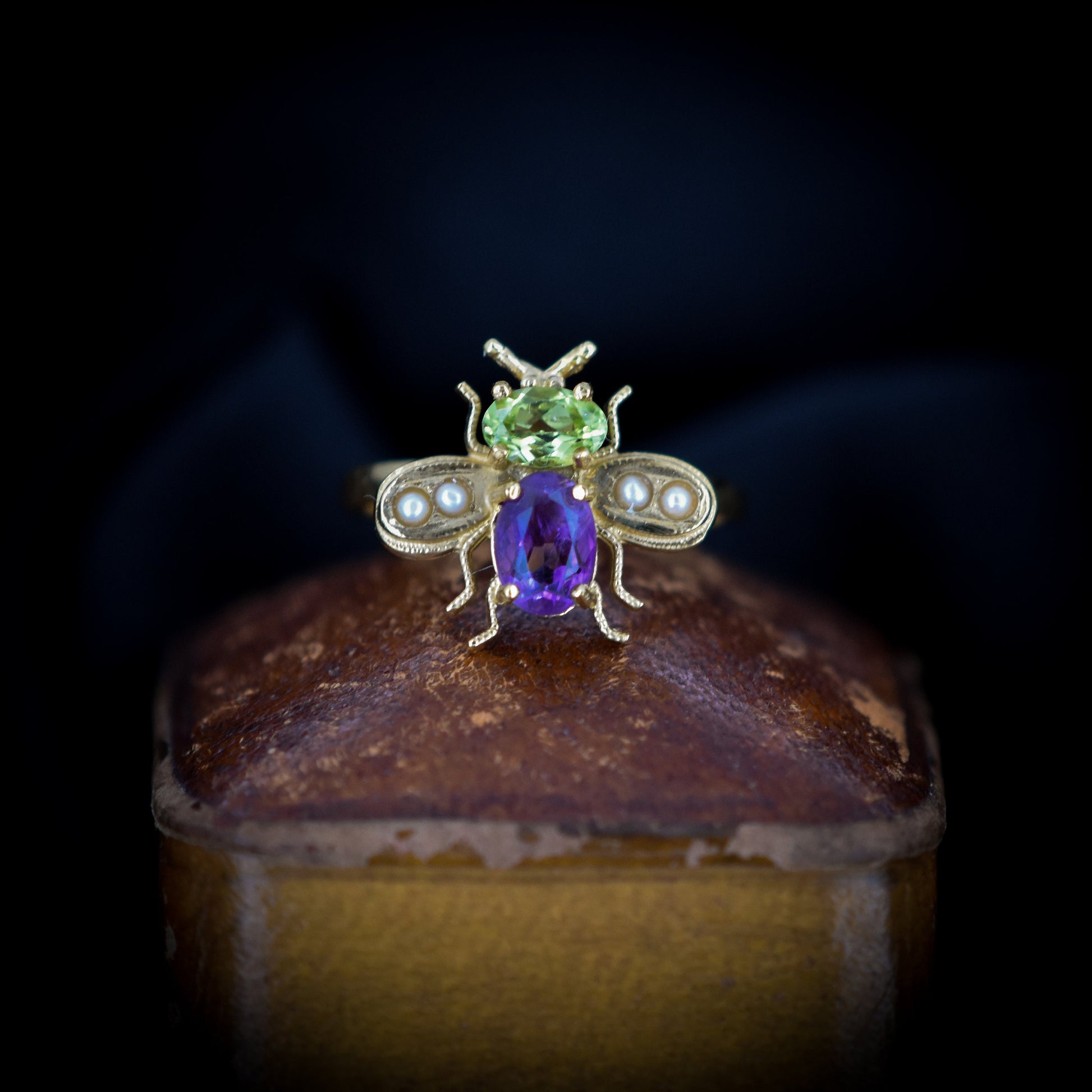 Amethyst Peridot and Pearl Insect Bee 18ct Yellow Gold on Silver Ring | Suffragette Colours