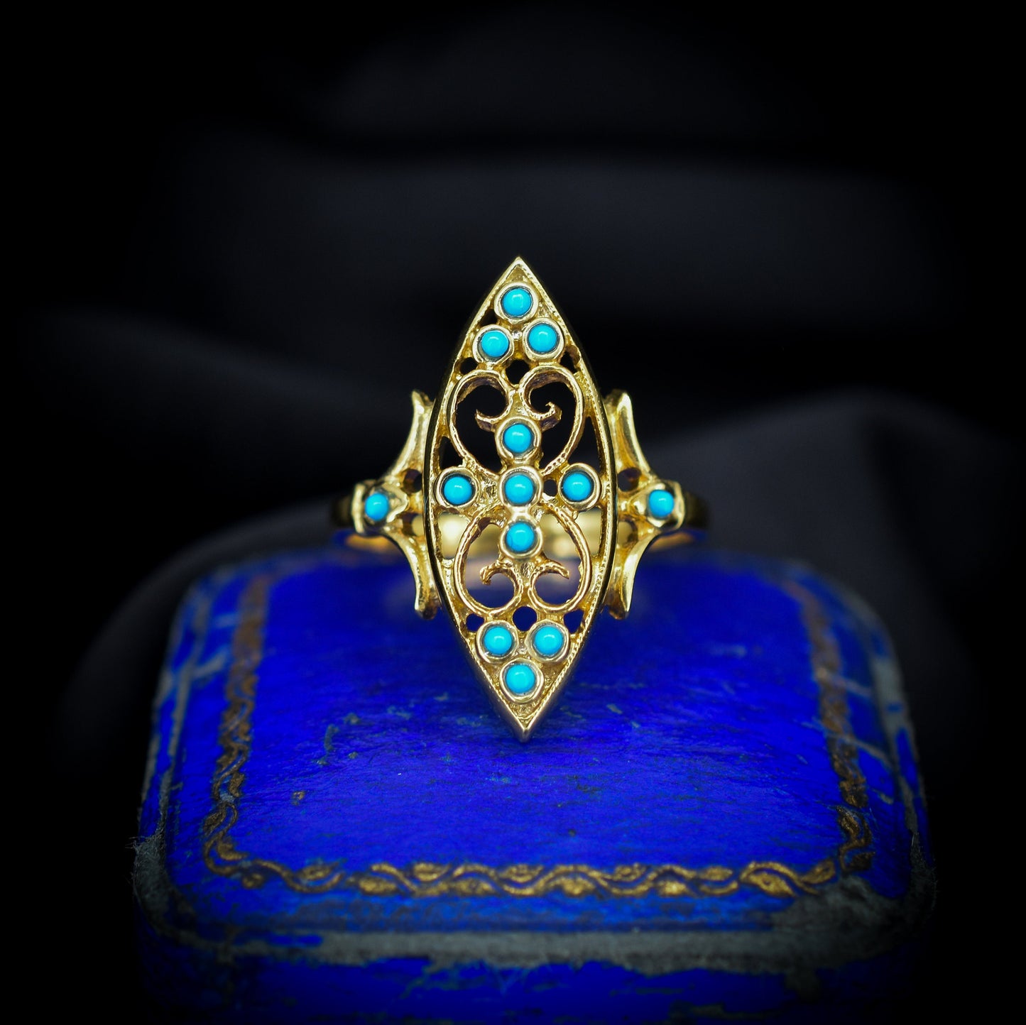 Turquoise Navette 18ct Gold Gilded Fancy Ring | Antique Style