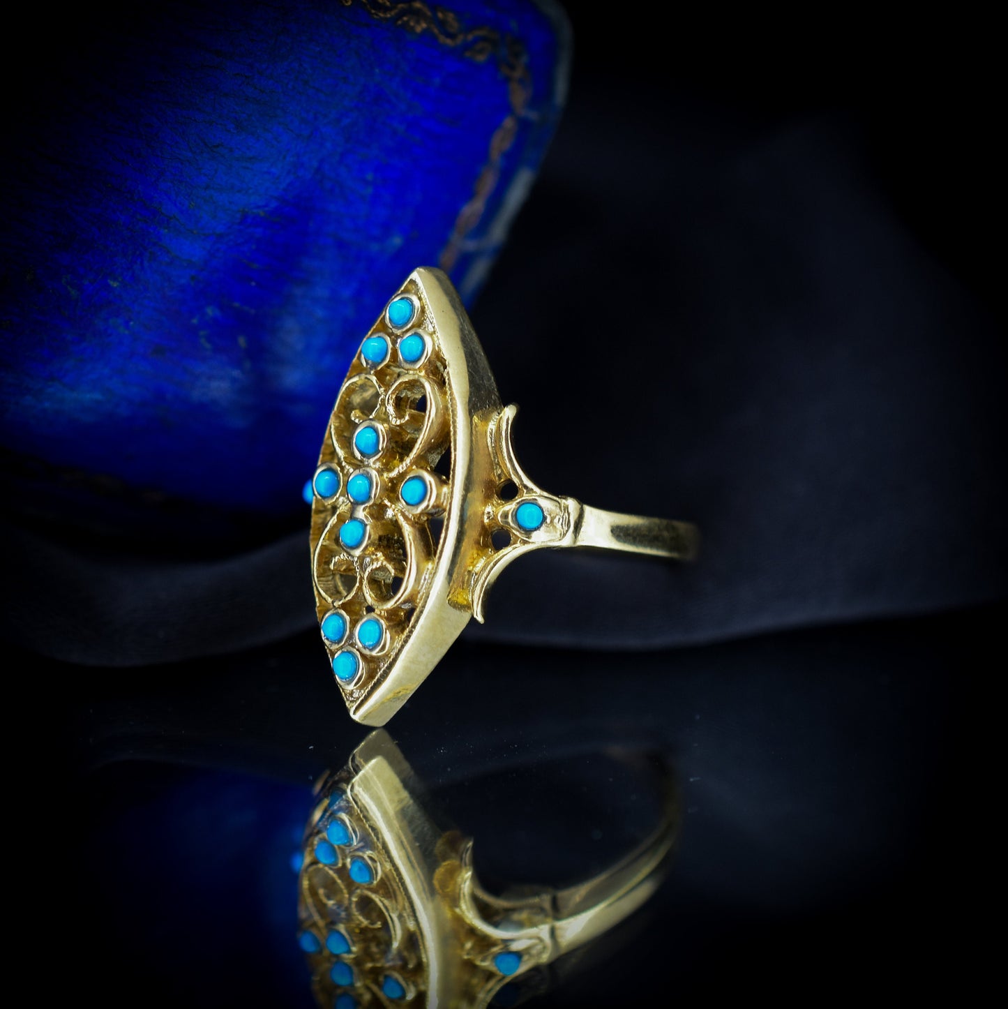 Turquoise Navette 18ct Gold Gilded Fancy Ring | Antique Style