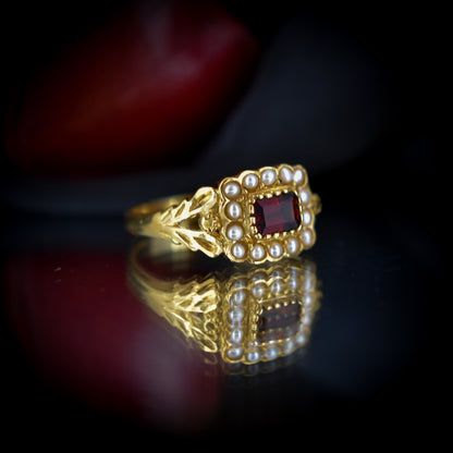 Garnet and Pearl Cluster Halo 18ct Yellow Gold Gilded Ring | Antique Georgian Style