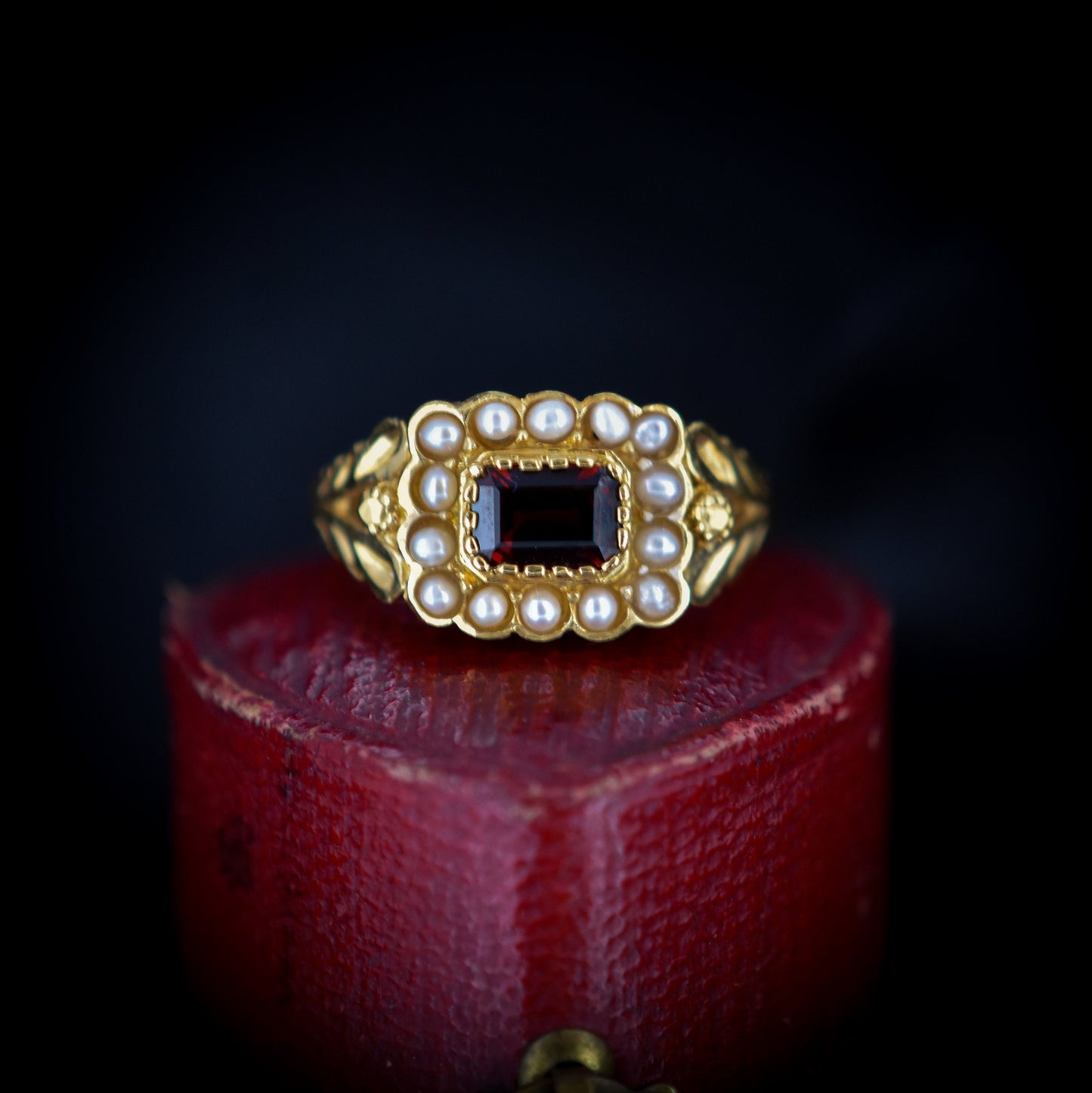 Garnet and Pearl Cluster Halo 18ct Yellow Gold Gilded Ring | Antique Georgian Style