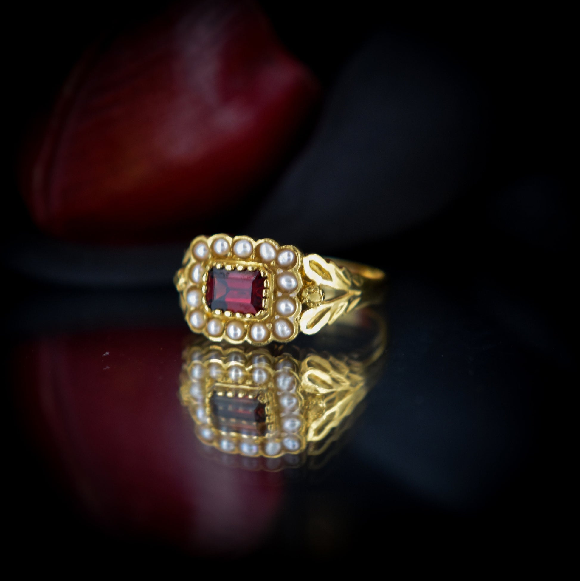 Garnet and Pearl Cluster Halo 18ct Yellow Gold Gilded Ring | Antique Georgian Style