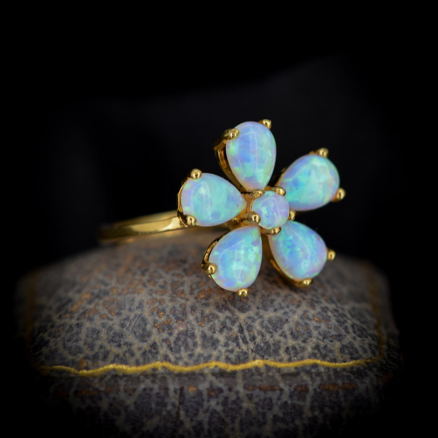 Opal Pansy Flower Cluster Statement 18ct Yellow Gold on Silver Ring