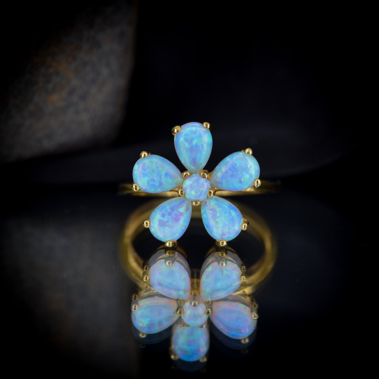 Opal Pansy Flower Cluster Statement 18ct Yellow Gold on Silver Ring