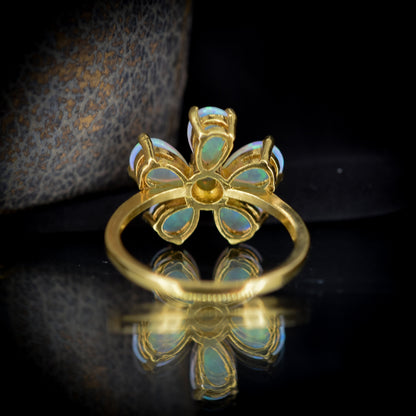 Opal Pansy Flower Cluster Statement 18ct Yellow Gold on Silver Ring