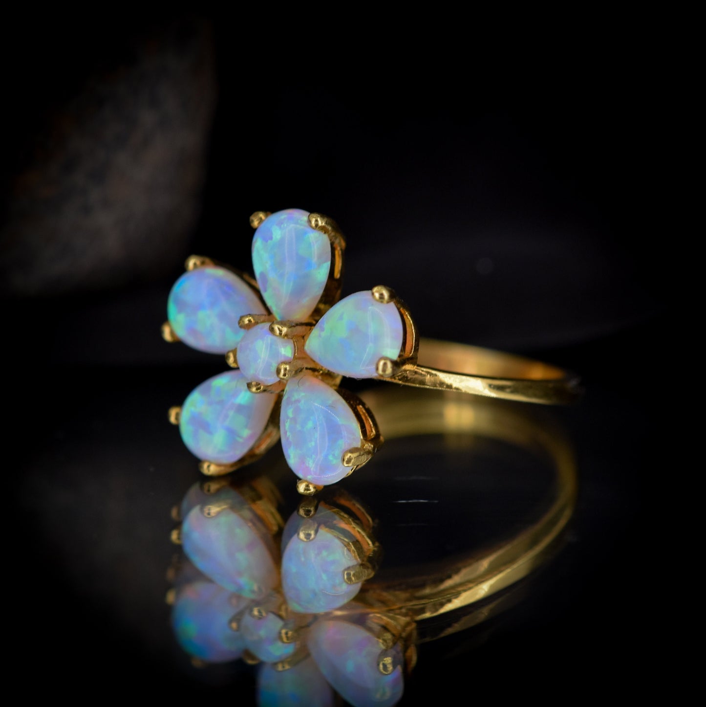 Opal Pansy Flower Cluster Statement 18ct Yellow Gold on Silver Ring