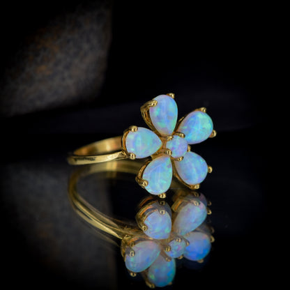 Opal Pansy Flower Cluster Statement 18ct Yellow Gold on Silver Ring