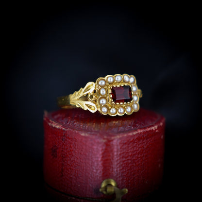 Garnet and Pearl Cluster Halo 18ct Yellow Gold Gilded Ring | Antique Georgian Style