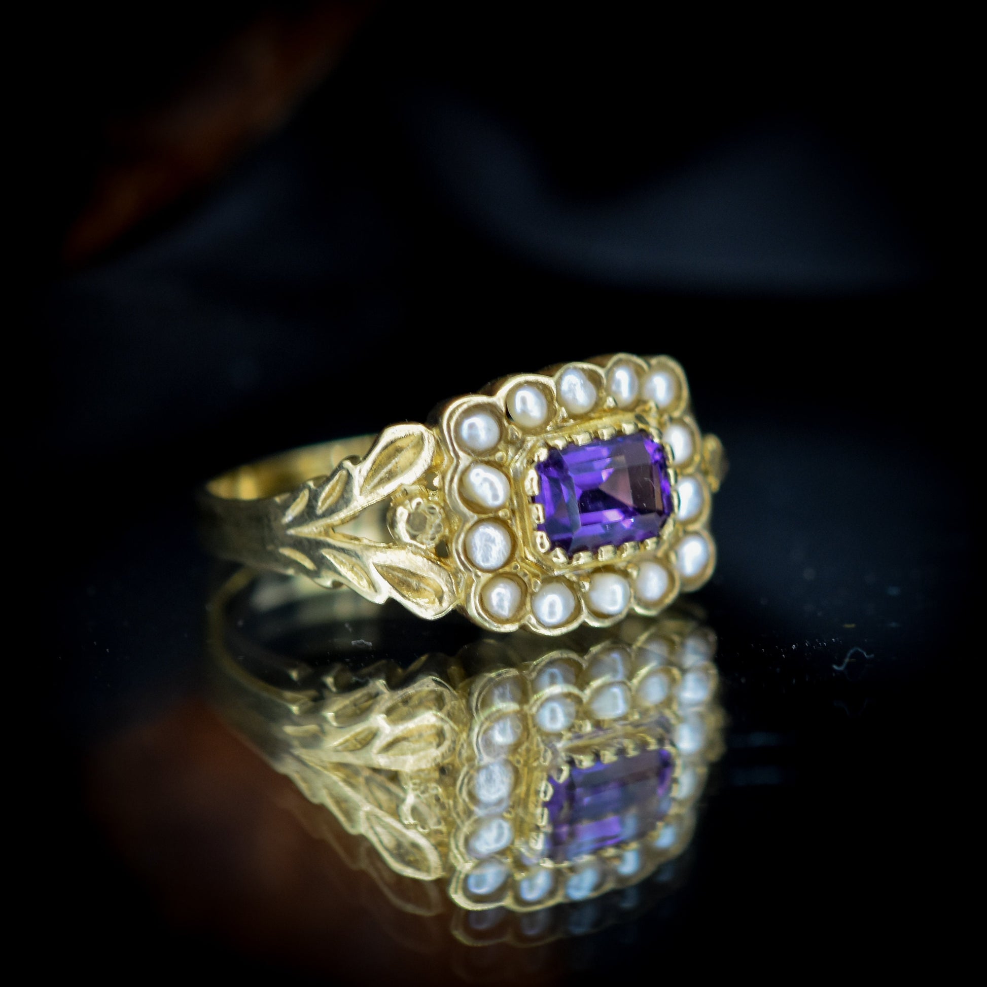 Amethyst and Pearl Cluster Halo 18ct Yellow Gold Gilded Ring | Antique Georgian Style