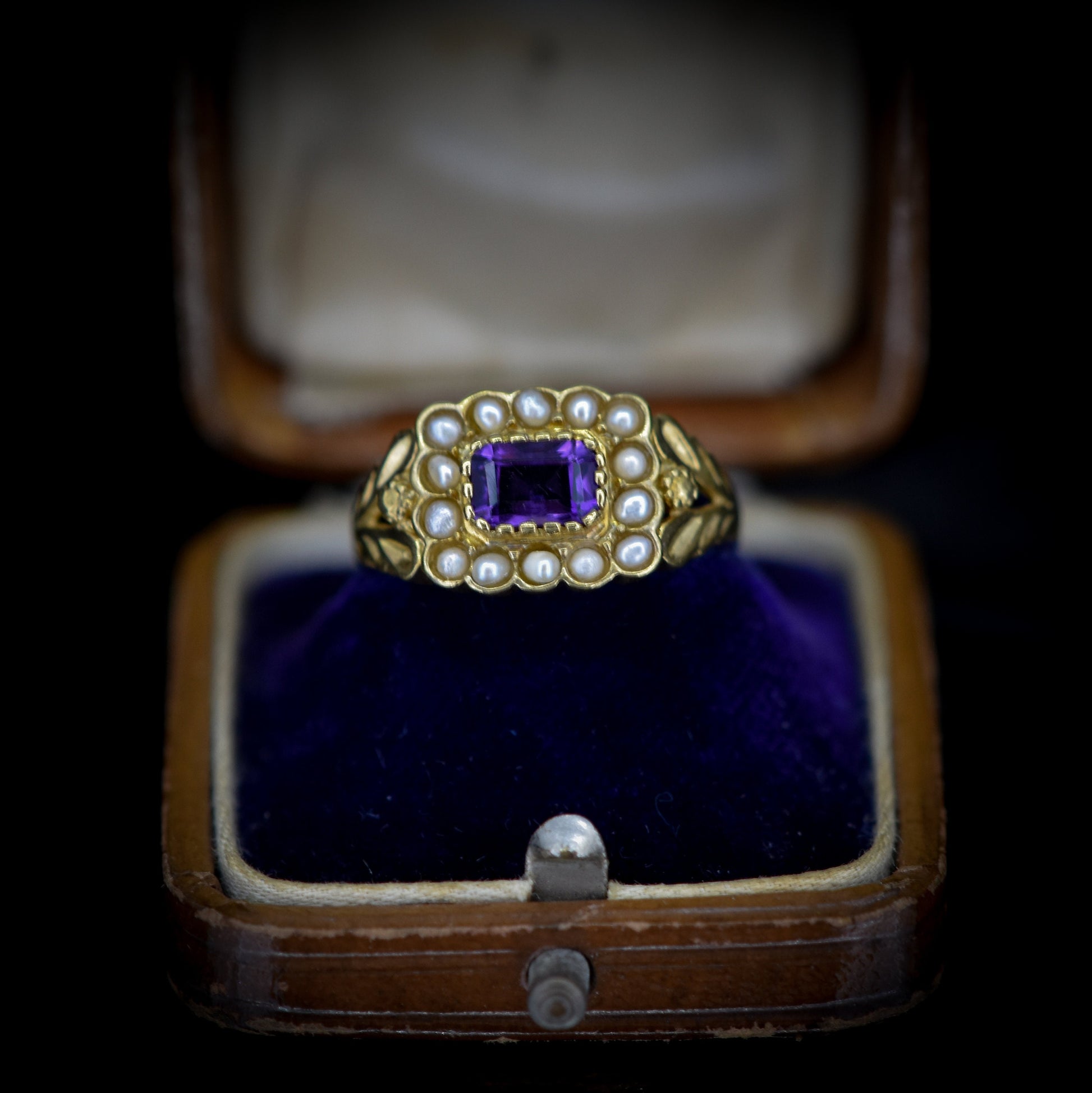 Amethyst and Pearl Cluster Halo 18ct Yellow Gold Gilded Ring | Antique Georgian Style