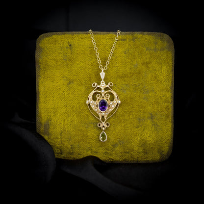 Amethyst Peridot and Pearl Lavalier 9ct Gold Pendant Necklace | Antique Suffragette Style