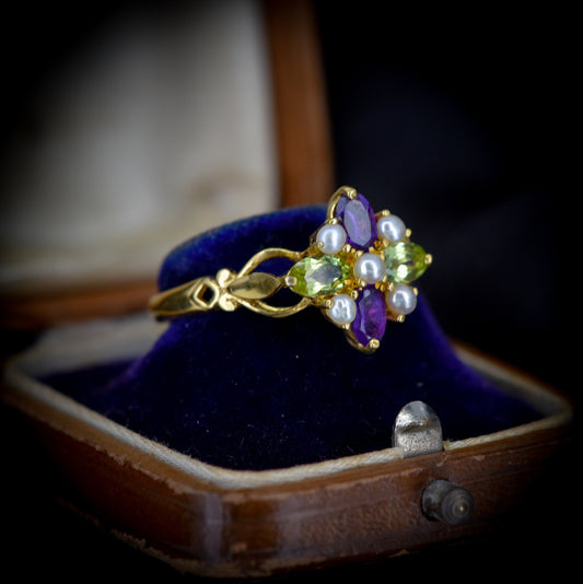 Amethyst Peridot and Pearl Cluster 18ct Yellow Gold on Silver Ring | Suffragette Style