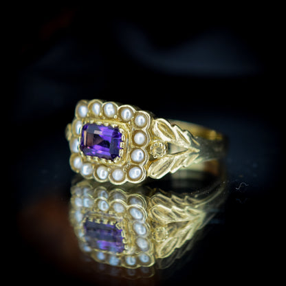 Amethyst and Pearl Cluster Halo 18ct Yellow Gold Gilded Ring | Antique Georgian Style